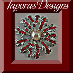Silver Tone Snowflake Design Brooch With Red Crystals With White Faux Pearl